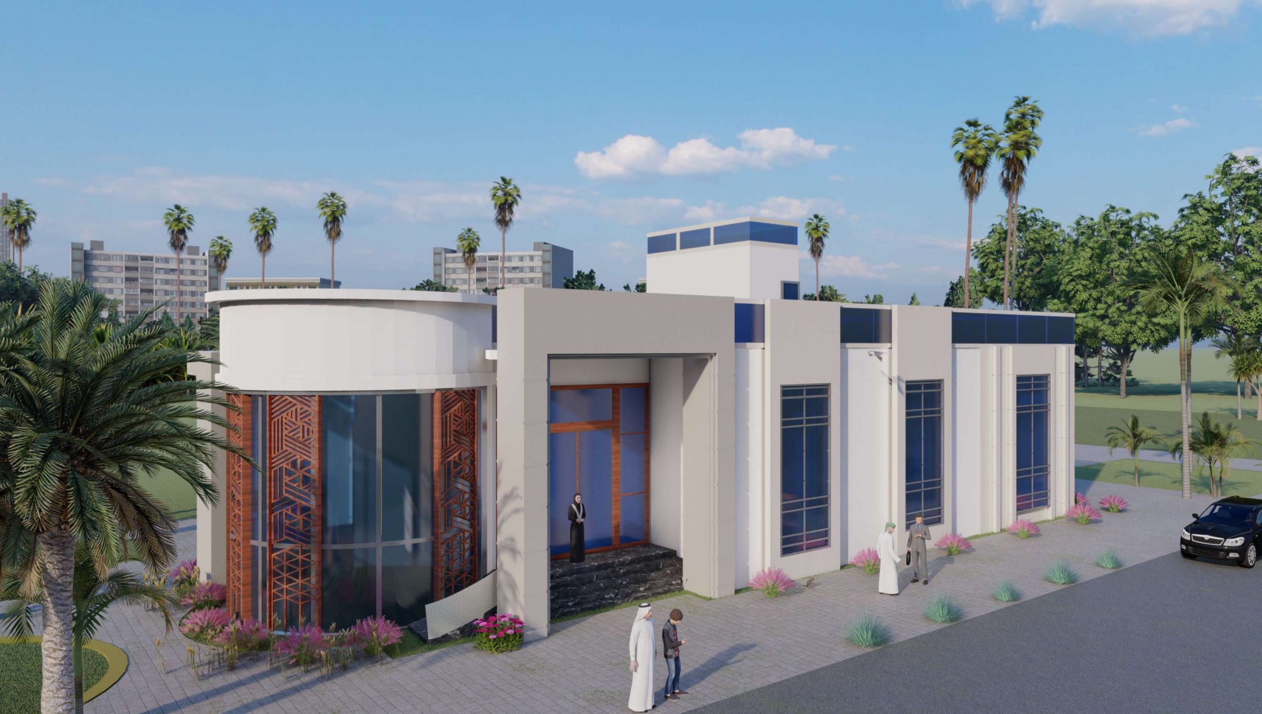 بيت في شارع أمامه سيارة مركونة على الجانب، وخلفه طريق سريع، وحول الطريق حدائق خضراء. | A house on a street with a parked car in front, a highway behind, and green gardens along the roadside.