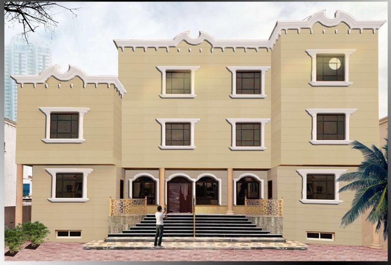 مبنى حديث مكتمل مع شخص يقف أمامه للتأكيد على الحجم والتفاصيل. | A completed modern building with a person standing in front of it, emphasizing scale and details.