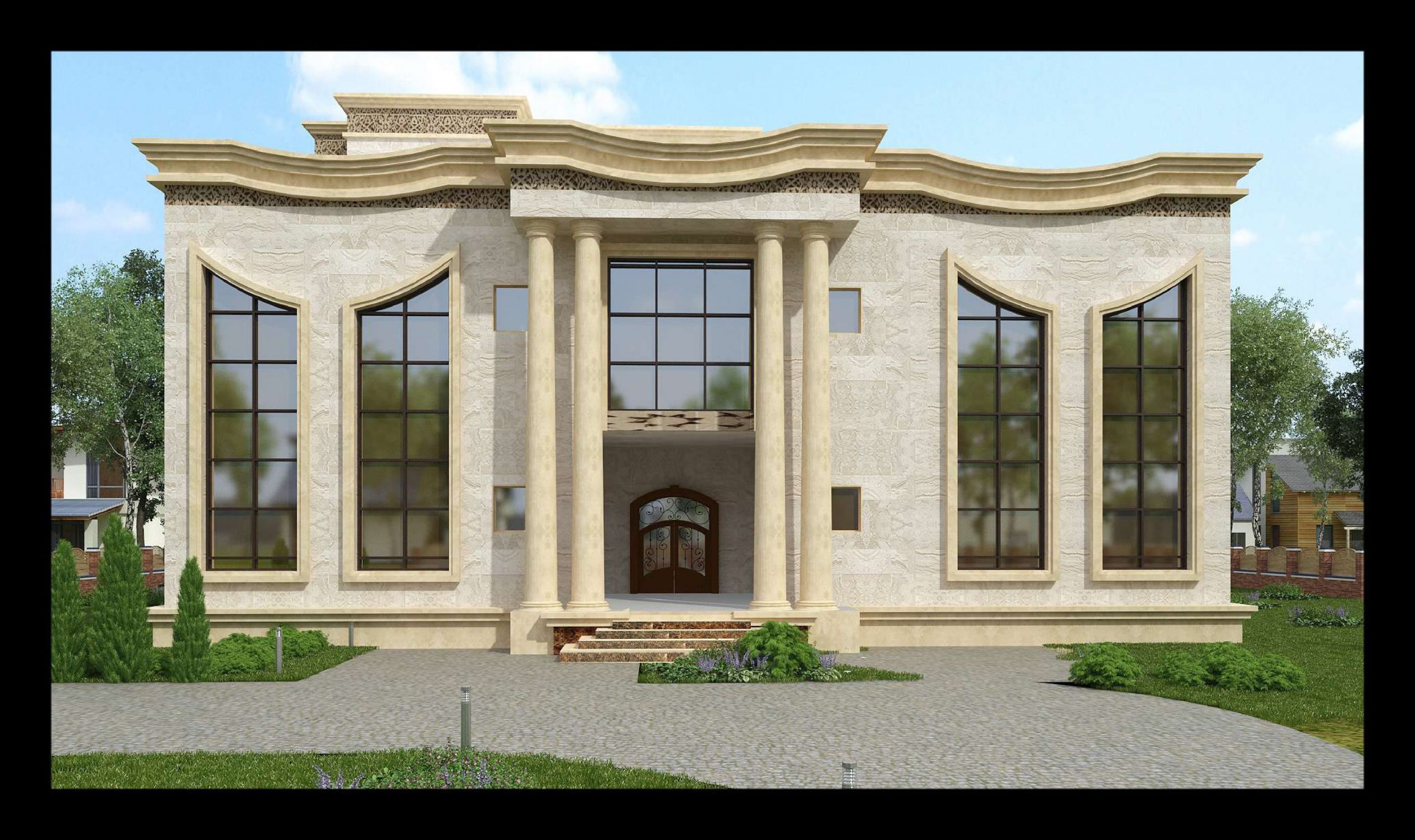 بيت في المنتصف محاط بزرع صغير على الجانبين مع نوافذ زجاجية تضفي طابعاً عصرياً. | A house in the center surrounded by small plants on both sides, with glass windows adding a modern vibe.