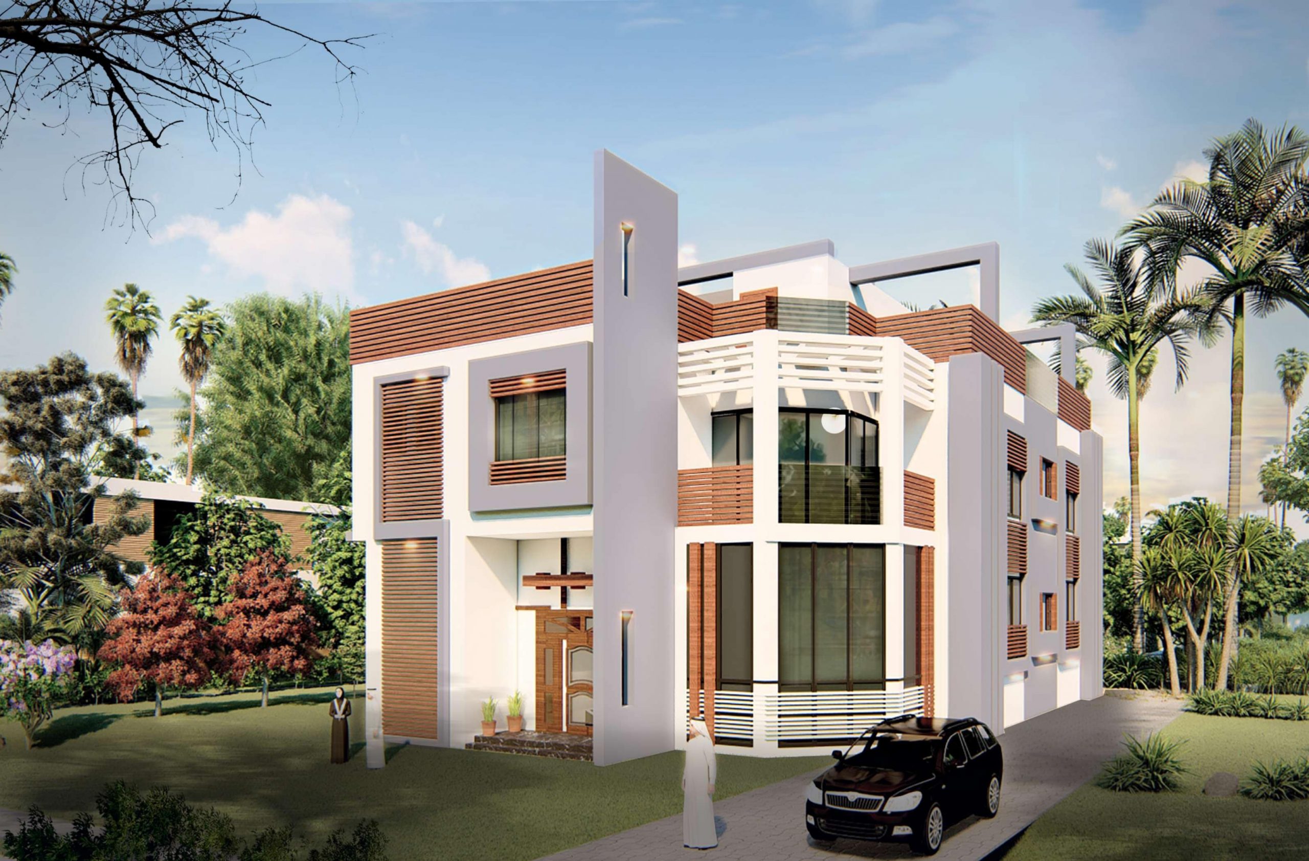 بيت أبيض صغير في وسط حديقة خضراء مع سيارة مركونة أمامه. | A small white house in the middle of a green garden with a car parked in front.