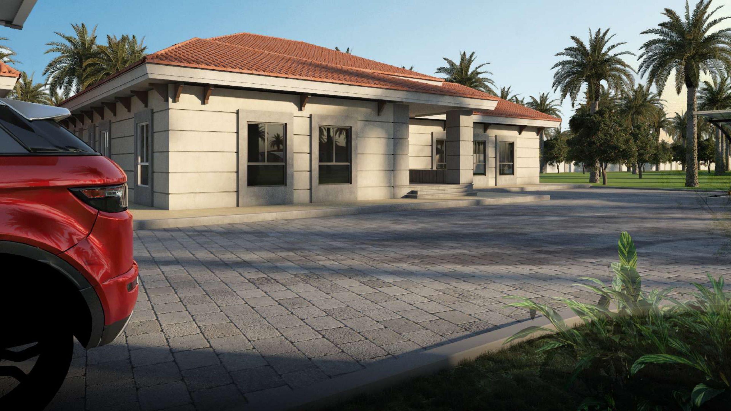 بيت متصور من الجانب مع نخلة على يمينه، ونصف سيارة حمراء يظهر بجانبه. | A house photographed from the side with a palm tree on the right and half of a red car visible nearby.