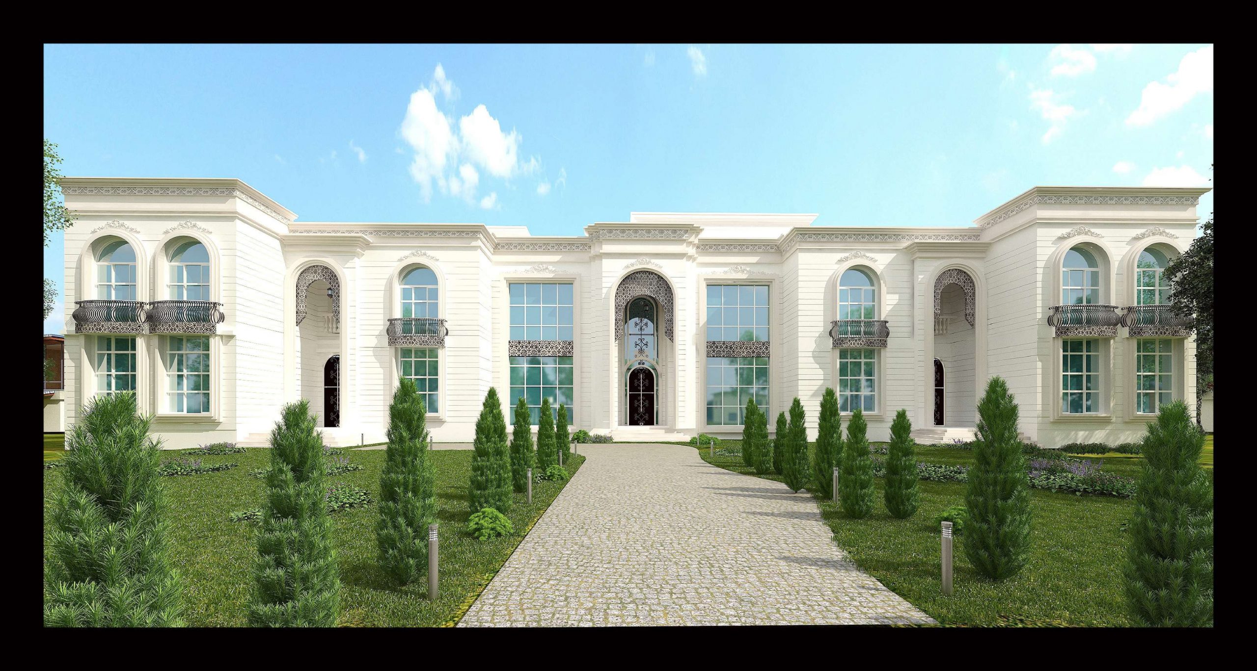 بيت عريض وكبير يظهر من بعيد مع طريق يؤدي إليه، محاط بحدائق على الجانبين مليئة بالأشجار. | A wide and large house seen from afar, with a driveway leading to it, surrounded by gardens on both sides with trees.