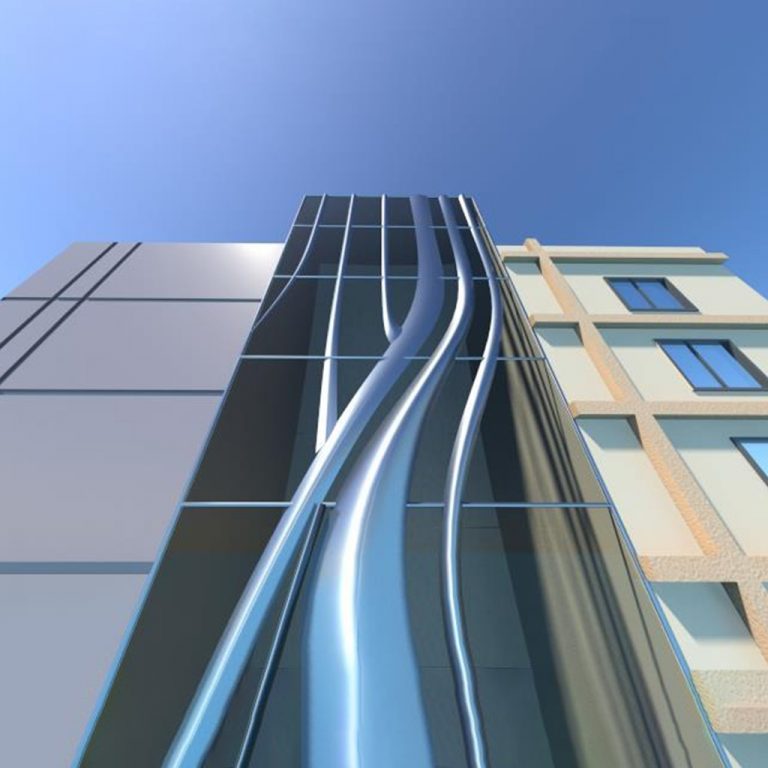 مبنى كبير مصور من أسفل، يظهر ارتفاعه وتصميمه المعماري الضخم. | A large building photographed from below, showcasing its height and massive architectural design.