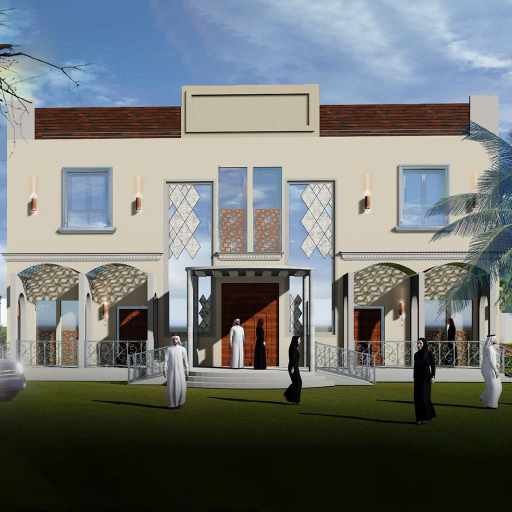 بيت صغير مع باب زجاجي وحديقة أمامه، وخمسة أشخاص يقفون أمامه. | A small house with a glass door, a garden in front, and five people standing nearby.